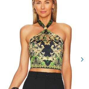 Alice + Olivia Black and Green Patterned Crop Top. Slight defect.